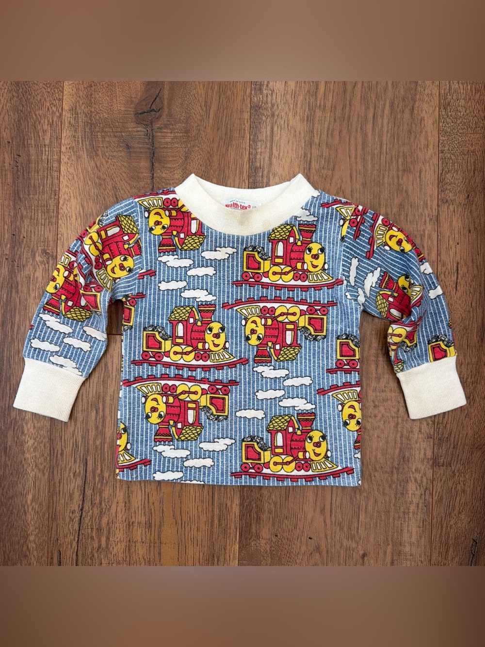 Vintage healthtex Kids Blue Train Print Long Sleeve Top